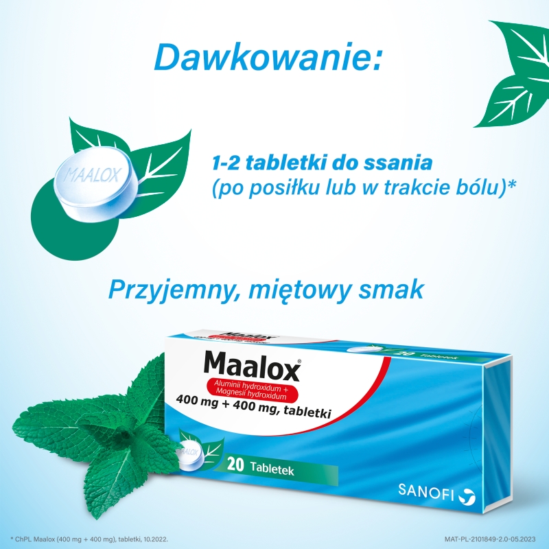 Maalox , tabletki na zgagę i nadkwasowość, 20 szt.
