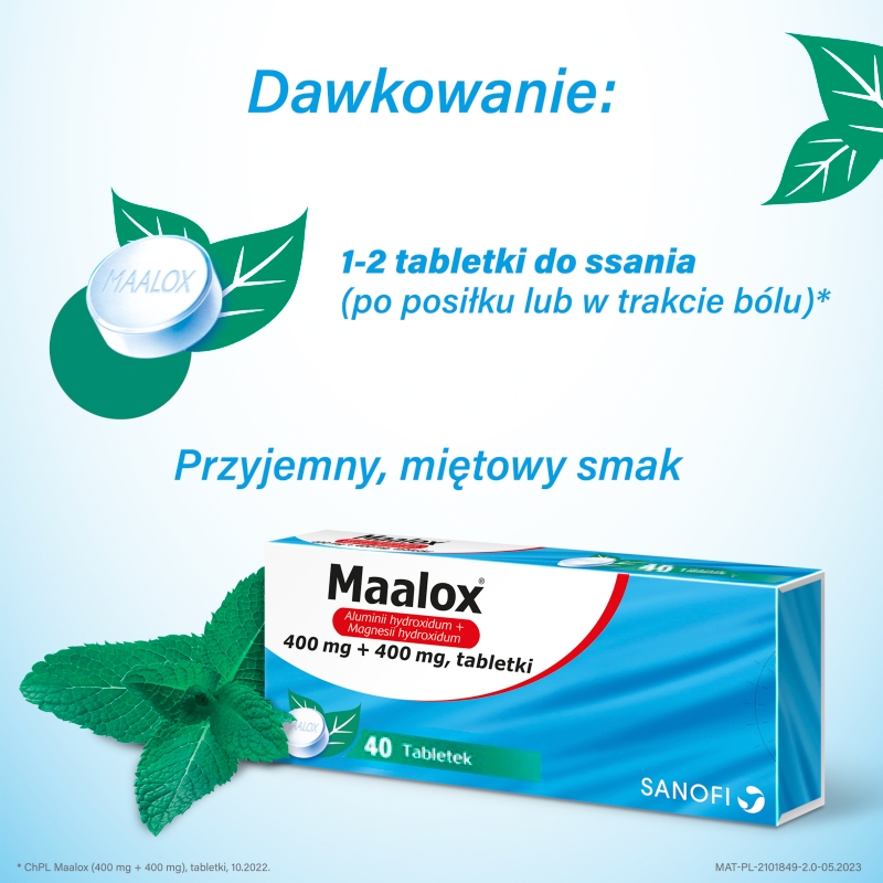 Maalox, tabletki na zgagę, niestrawność, 40 szt.