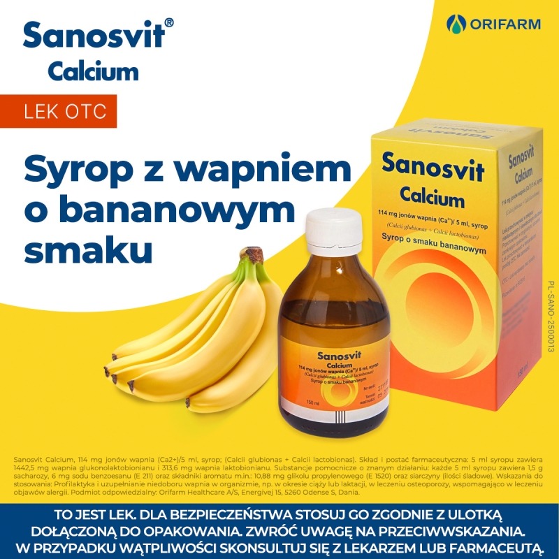 Sanosvit Calcium  , syrop na niedobory wapnia i alergię o smaku bananowym, 150 ml