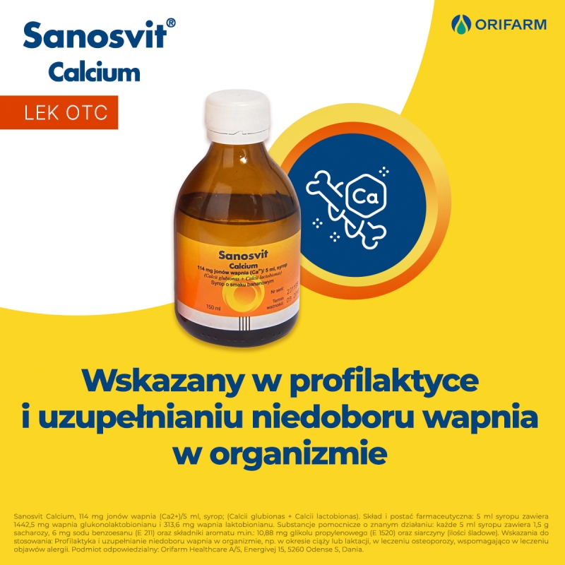 Sanosvit Calcium  , syrop na niedobory wapnia i alergię o smaku bananowym, 150 ml