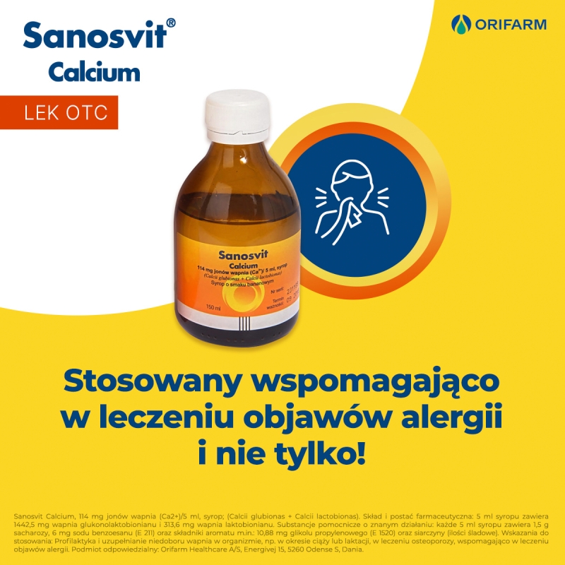 Sanosvit Calcium  , syrop na niedobory wapnia i alergię o smaku bananowym, 150 ml