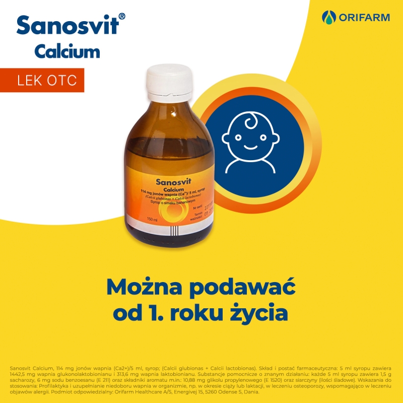 Sanosvit Calcium  , syrop na niedobory wapnia i alergię o smaku bananowym, 150 ml