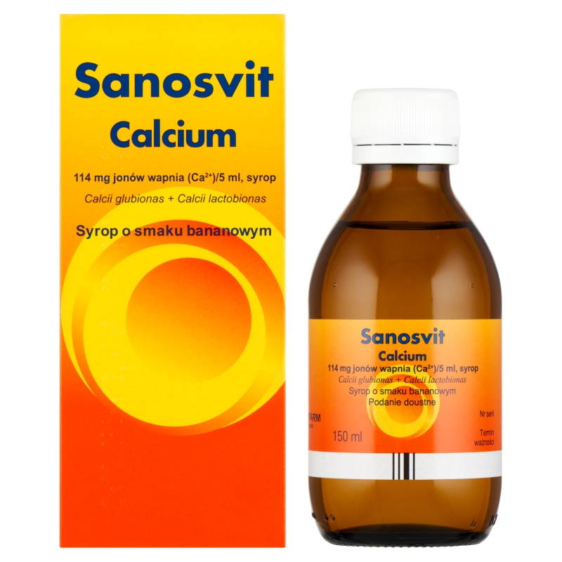 Sanosvit Calcium  , syrop na niedobory wapnia i alergię o smaku bananowym, 150 ml