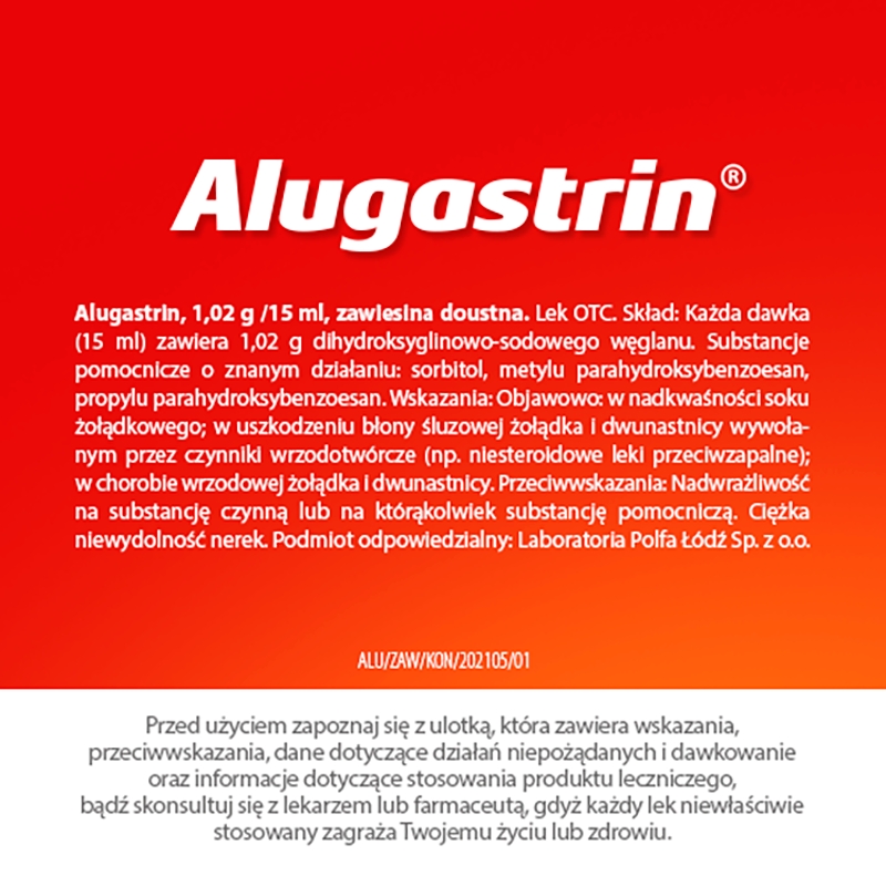 Alugastrin, zawiesina na zgagę, redukcję nadkwaśności, butelka 250 ml