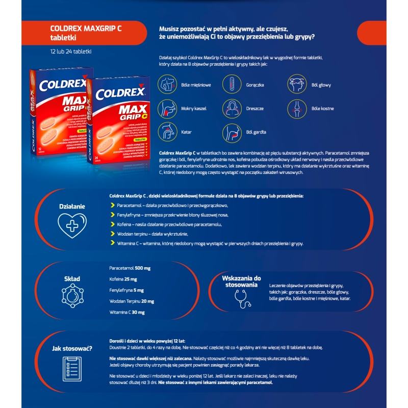 Coldrex MaxGrip C, tabletki na objawy przeziębienia i grypy, 24 szt.