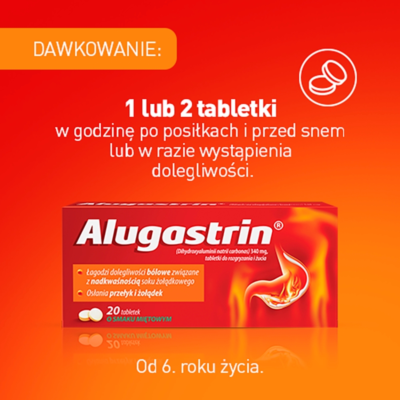 Alugastrin, tabletki wspomagające w nadkwaśności soku żołądkowego o smaku miętowym, 20 szt.
