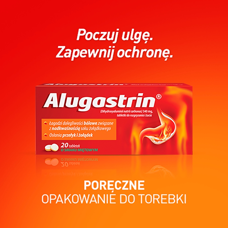 Alugastrin, tabletki wspomagające w nadkwaśności soku żołądkowego o smaku miętowym, 20 szt.