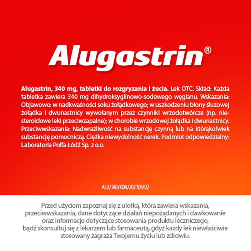 Alugastrin, tabletki wspomagające w nadkwaśności soku żołądkowego o smaku miętowym, 20 szt.