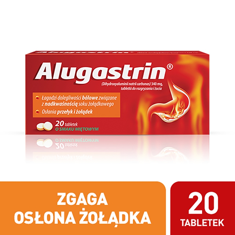 Alugastrin, tabletki wspomagające w nadkwaśności soku żołądkowego o smaku miętowym, 20 szt.
