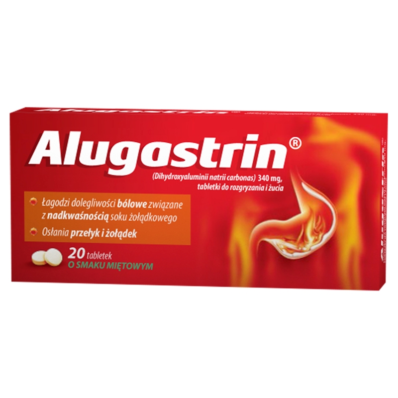 Alugastrin tabletki wspomagające w nadkwaśności soku żołądkowego o smaku miętowym, 20 szt.