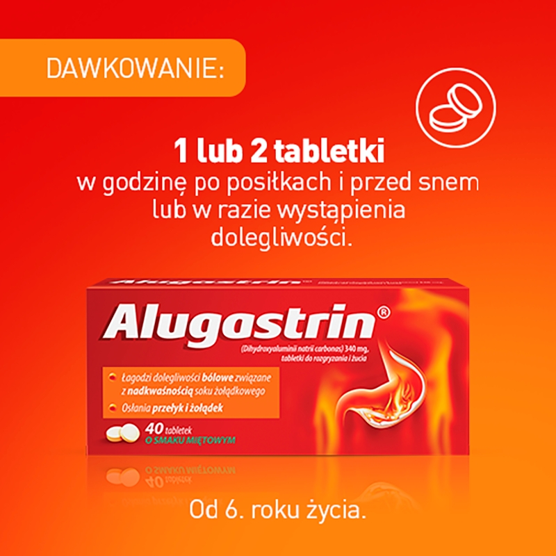 Alugastrin, tabletki wspomagające w nadkwaśności soku żołądkowego o smaku miętowym, 40 szt.