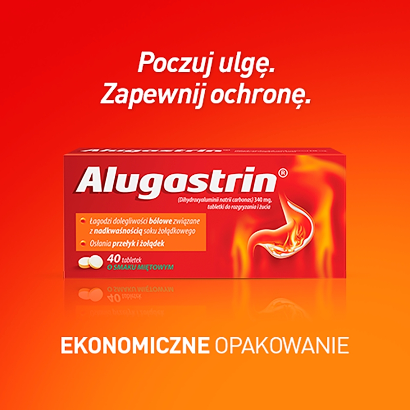 Alugastrin, tabletki wspomagające w nadkwaśności soku żołądkowego o smaku miętowym, 40 szt.