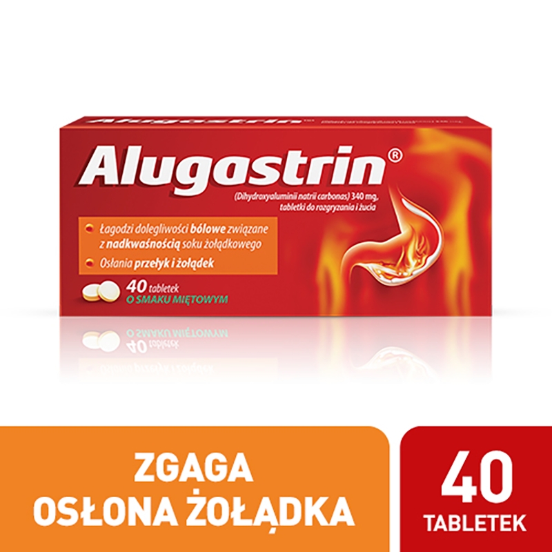 Alugastrin, tabletki wspomagające w nadkwaśności soku żołądkowego o smaku miętowym, 40 szt.