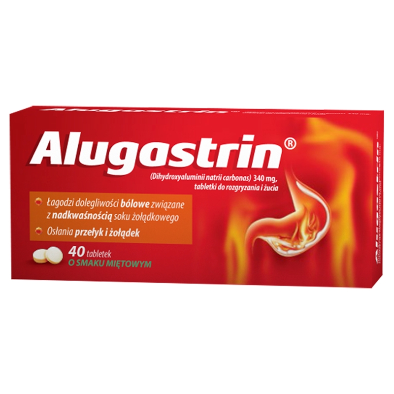 Alugastrin tabletki wspomagające w nadkwaśności soku żołądkowego o smaku miętowym, 40 szt.