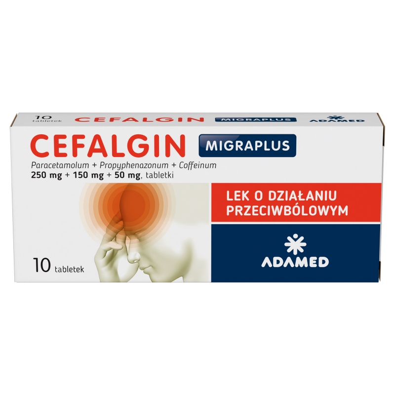 Cefalgin Migraplus 250 mg + 150 mg + 50 mg, tabletki na ból o słabym lub umiarkowanym nasileniu, 10 szt.