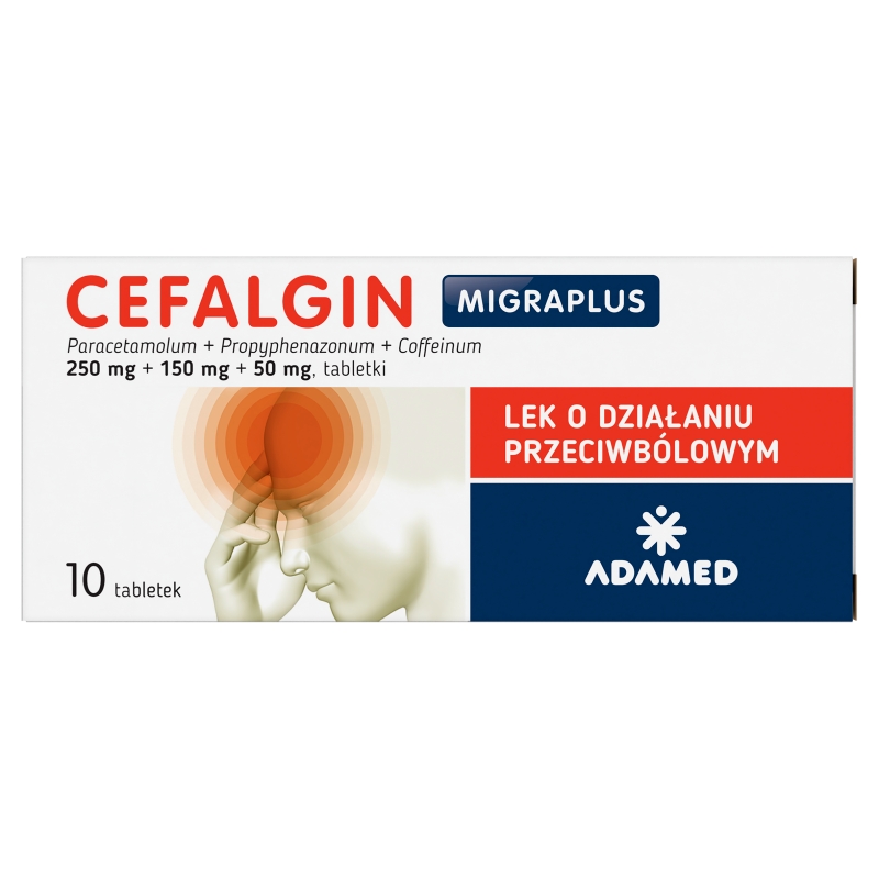 Cefalgin Migraplus 250 mg + 150 mg + 50 mg, tabletki na ból o słabym lub umiarkowanym nasileniu, 10 szt.