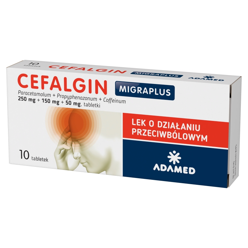 Cefalgin Migraplus 250 mg + 150 mg + 50 mg, tabletki na ból o słabym lub umiarkowanym nasileniu, 10 szt.