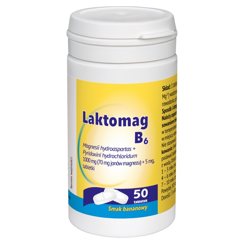 Laktomag B6, tabletki z magnezem i witaminą B6 o smaku bananowym, 50 szt.