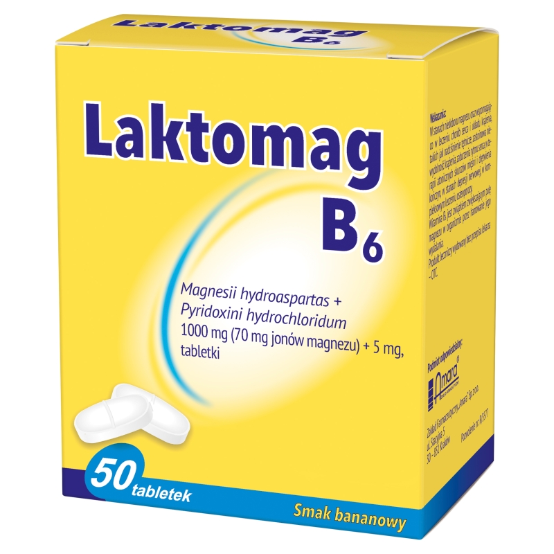 Laktomag B6, tabletki z magnezem i witaminą B6 o smaku bananowym, 50 szt.