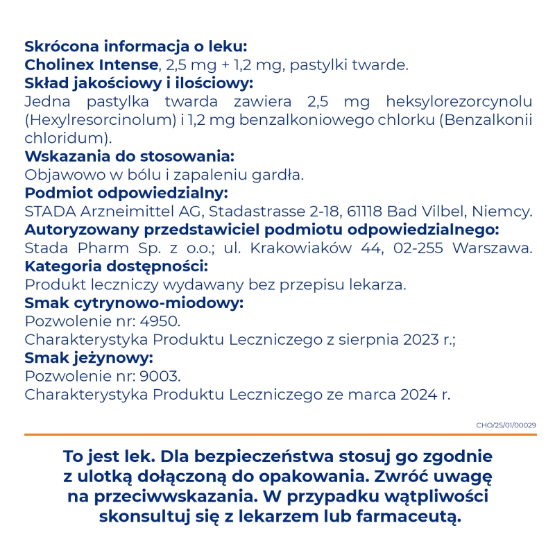 Cholinex Intense, pastylki o smaku miodowo-cytrynowym, 20 szt.