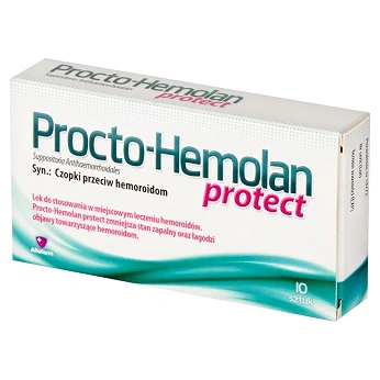 Procto-Hemolan protect, czopki zmniejszające stan zapalny oraz łagodzące objawy hemoroidów, 10 szt.