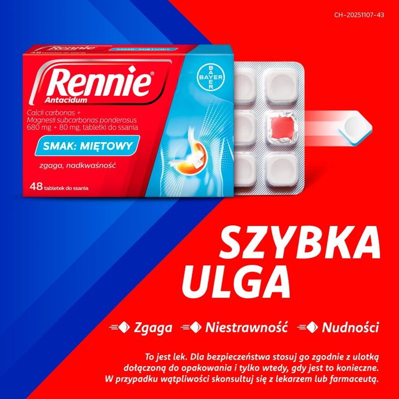 Rennie Antacidum, tabletki do ssania na zgagę, niestrawność o smaku miętowym, 48 szt.