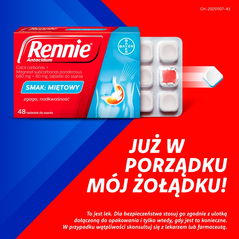 Rennie Antacidum, tabletki do ssania na zgagę, niestrawność o smaku miętowym, 48 szt.