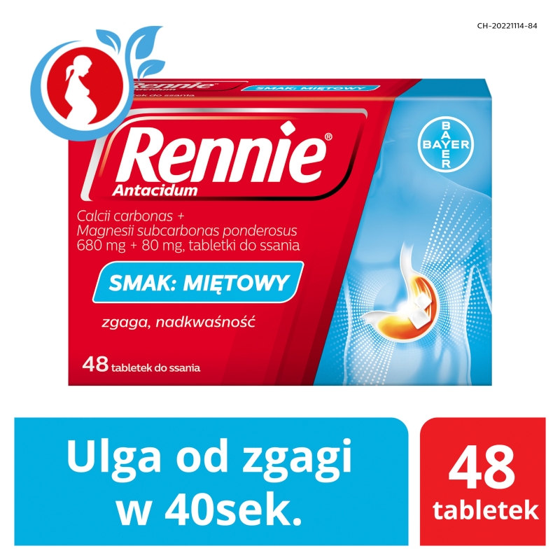 Rennie Antacidum, tabletki do ssania na zgagę, niestrawność o smaku miętowym, 48 szt.