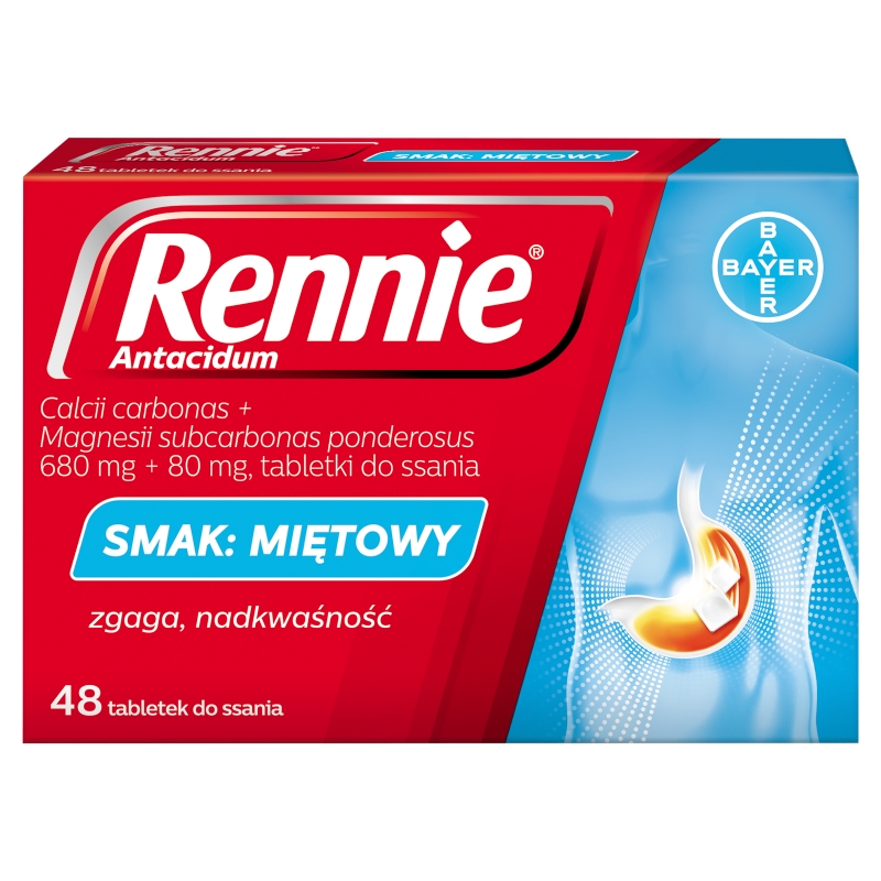 Rennie Antacidum tabletki do ssania na zgagę, niestrawność o smaku miętowym, 48 szt.