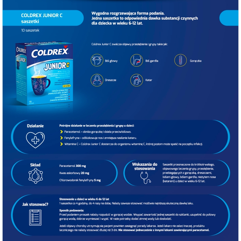Coldrex Junior C, proszek na objawy przeziębienia i grypy u dzieci, 10 sasz.