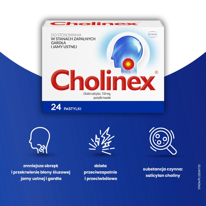 Cholinex, pastylki w stanach zapalnych gardła i jamy ustnej, 24 szt