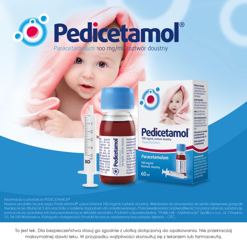 Pedicetamol, roztwór na gorączkę u dzieci, butelka 60 ml KRÓTKA DATA 31.08.2026