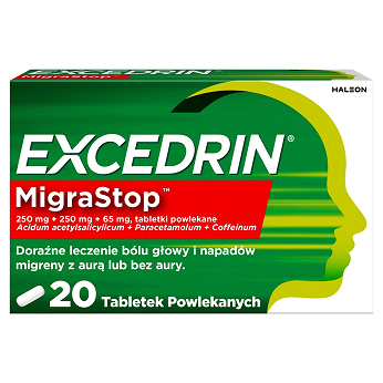 Excedrin Migra Stop, tabletki doraźne na bóle głowy i migreny, 20 szt.