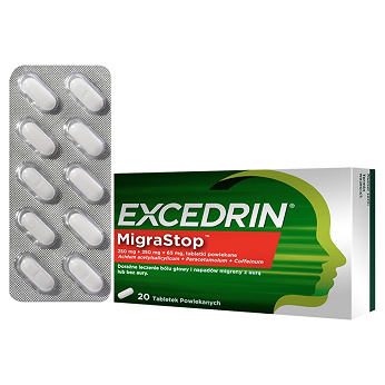 Excedrin Migra Stop, tabletki doraźne na bóle głowy i migreny, 20 szt.