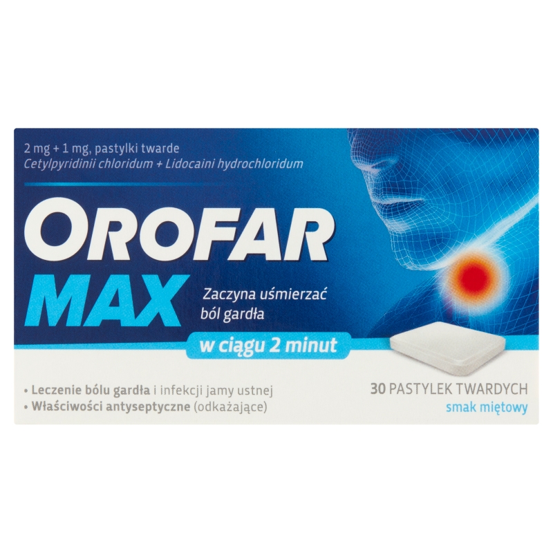 Orofar MAX pastylki twarde na b&oacute;l gardła i infekcje jamy ustnej, 30 szt.