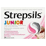 Strepsils Junior pastylki na stany zapalne jamy ustnej i gardła, bez cukru o smaku truskawkowym, 24 szt.