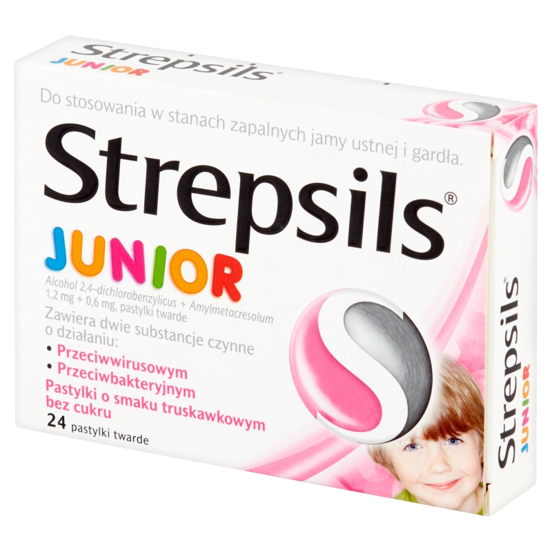 Strepsils Junior, pastylki na stany zapalne jamy ustnej i gardła, bez cukru o smaku truskawkowym, 24 szt.