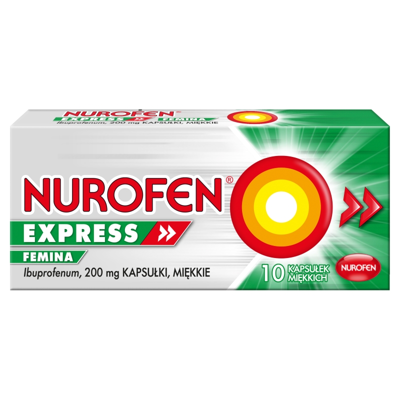 Nurofen Express Femina, kapsułki na ból różnego pochodzenia o nasileniu słabym i umiarkowanym, 10 szt.