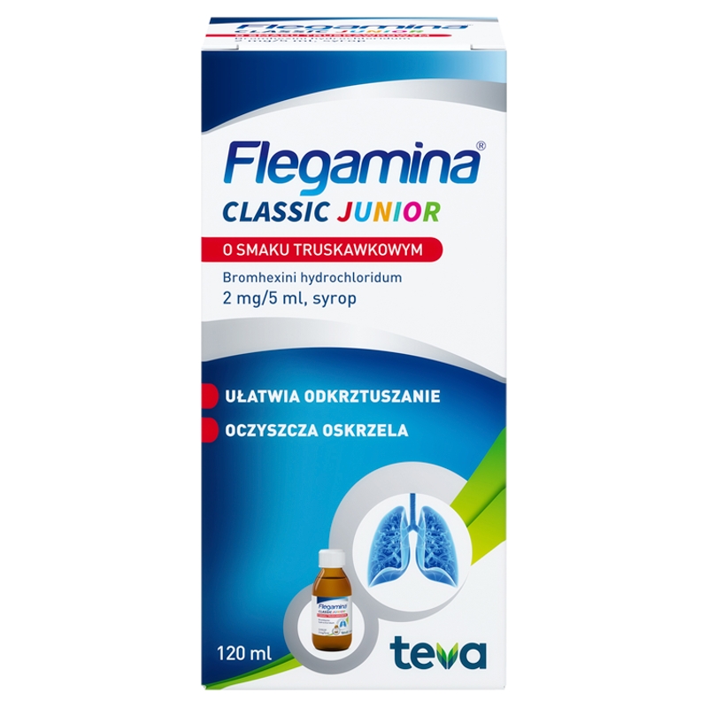 Flegamina Junior  syrop na mokry kaszel u dzieci o smaku truskawkowym, butelka 120 ml