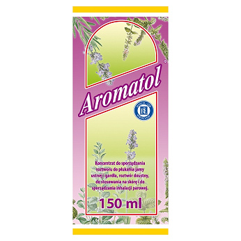 Aromatol , roztwór stosowany zewnętrznie na skórę w objawach przeziębienia, wewnętrznie podczas niestrawności, 150 ml