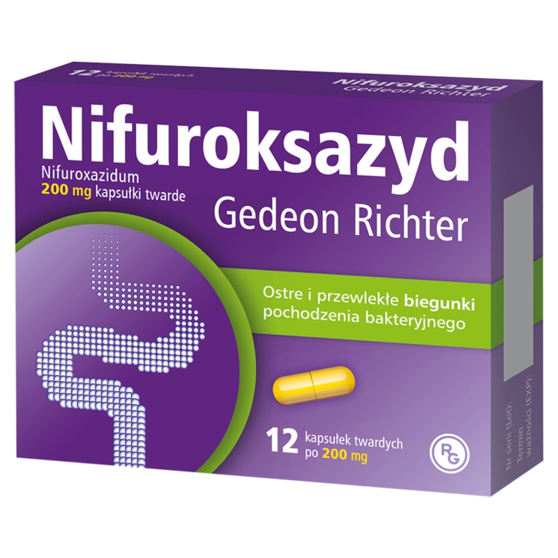 Gedeon Richter Nifuroksazyd 200 mg kapsułki o działaniu przeciwbiegunkowym, 12 szt.