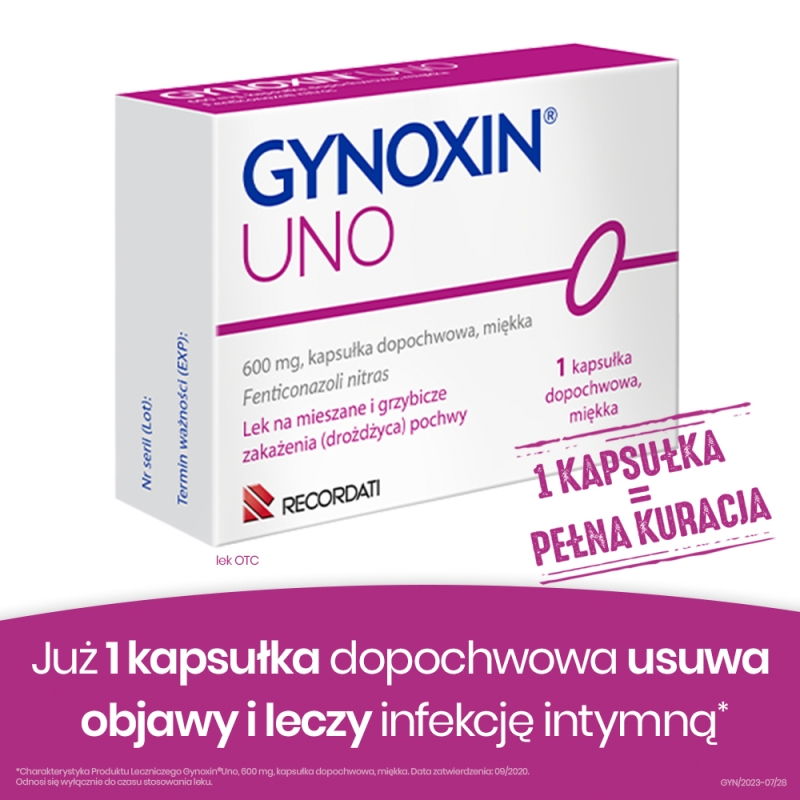 Gynoxin Uno, kapsułki dopochwowe na drożdżycę błon śluzowych narządów płciowych, 1 szt.