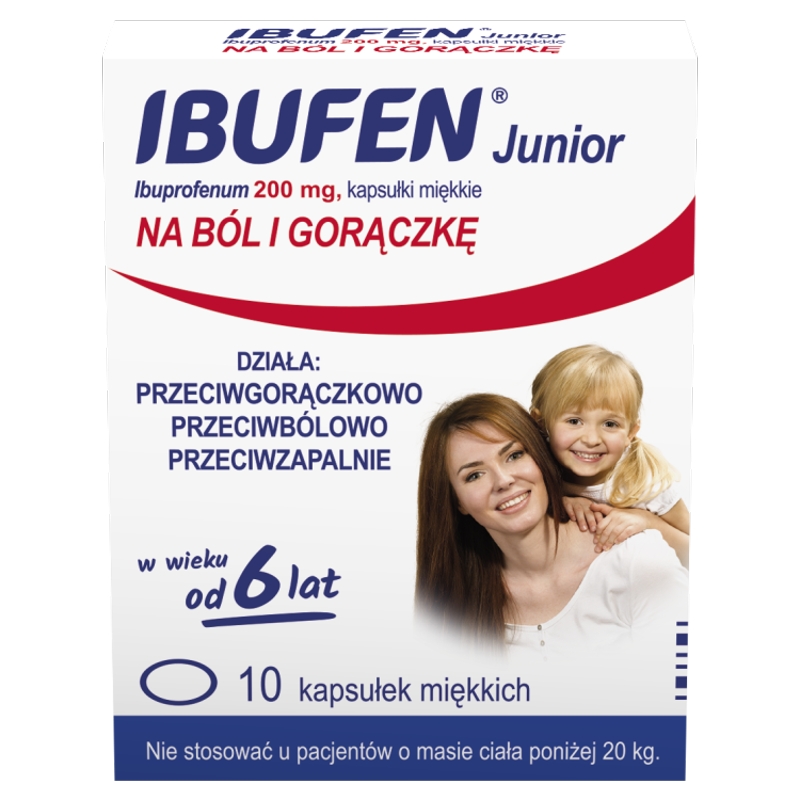 Ibufen Junior, kapsułki na ból słabym i umiarkownym, stany gorączkowe, 10 szt.