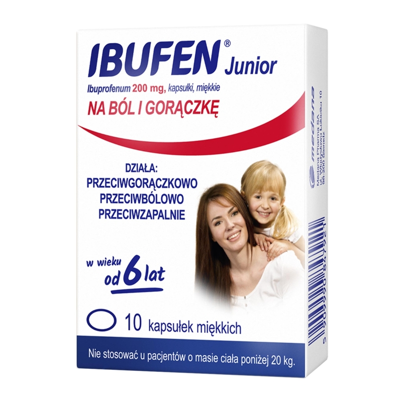 Ibufen Junior, kapsułki na ból słabym i umiarkownym, stany gorączkowe, 10 szt.