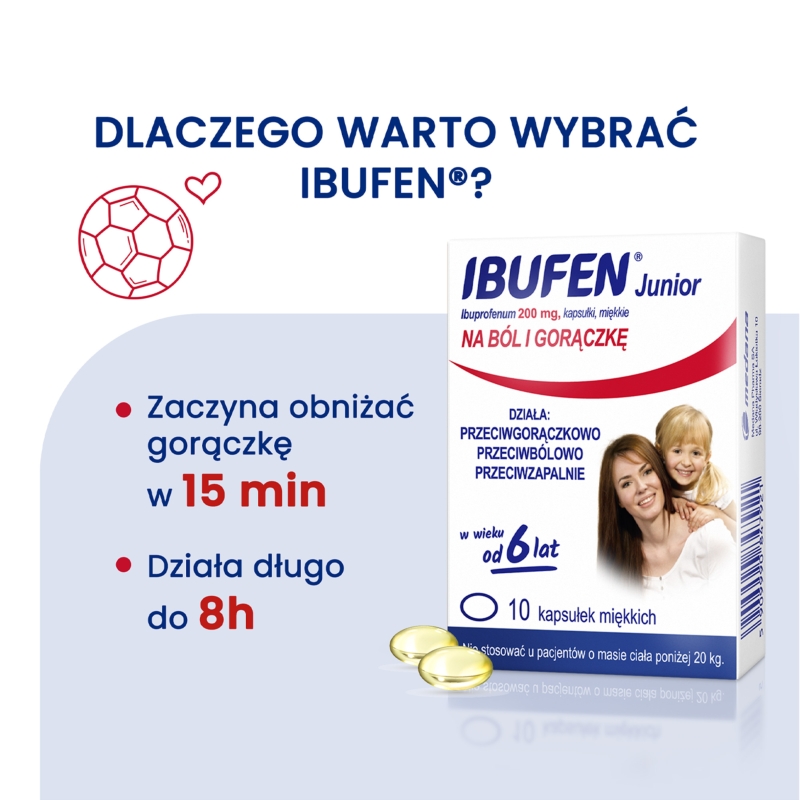 Ibufen Junior, kapsułki na ból słabym i umiarkownym, stany gorączkowe, 10 szt.