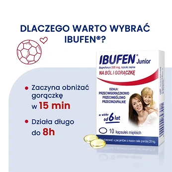 Ibufen Junior, kapsułki na ból słabym i umiarkownym, stany gorączkowe, 10 szt.