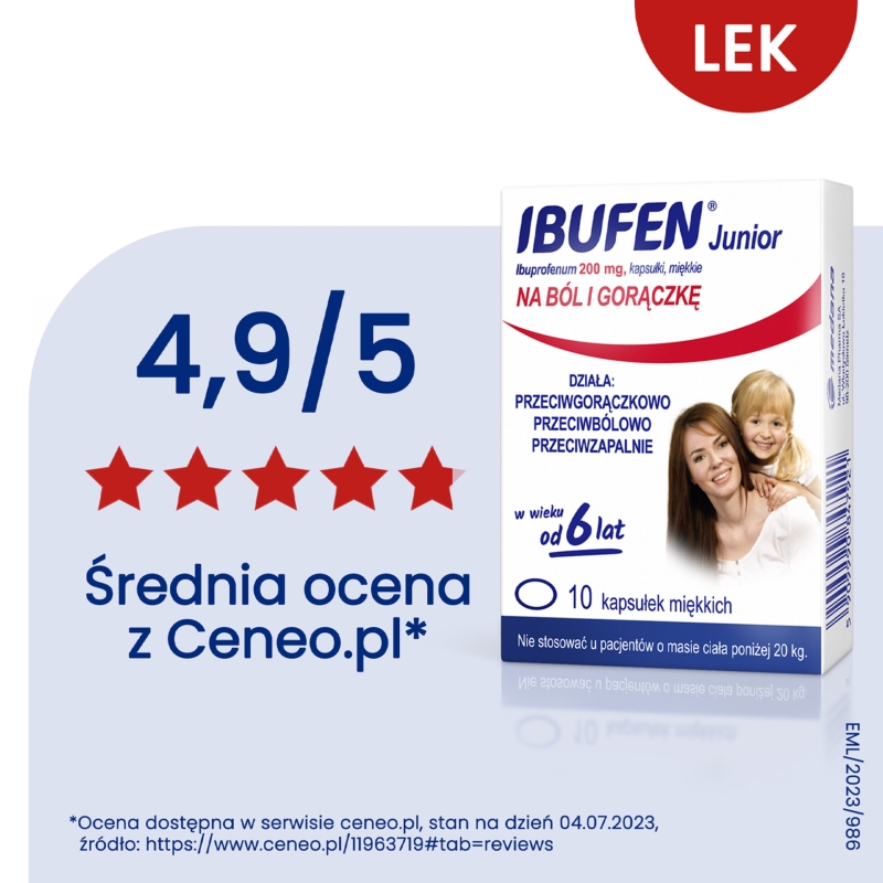 Ibufen Junior, kapsułki na ból słabym i umiarkownym, stany gorączkowe, 10 szt.