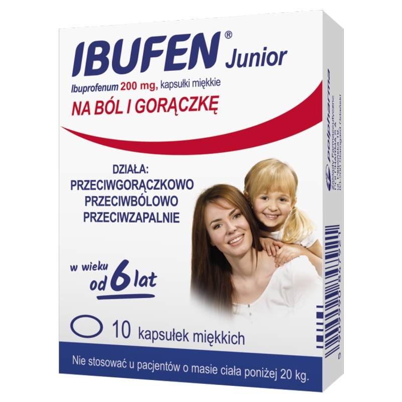 Ibufen Junior, kapsułki na ból słabym i umiarkownym, stany gorączkowe, 10 szt.