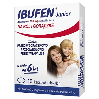 Ibufen Junior, kapsułki na ból słabym i umiarkownym, stany gorączkowe, 10 szt.