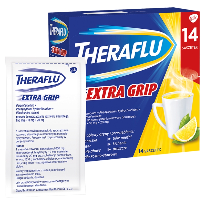 Theraflu ExtraGRIP, proszek na objawy przeziębienia i grypy, 14 sasz.